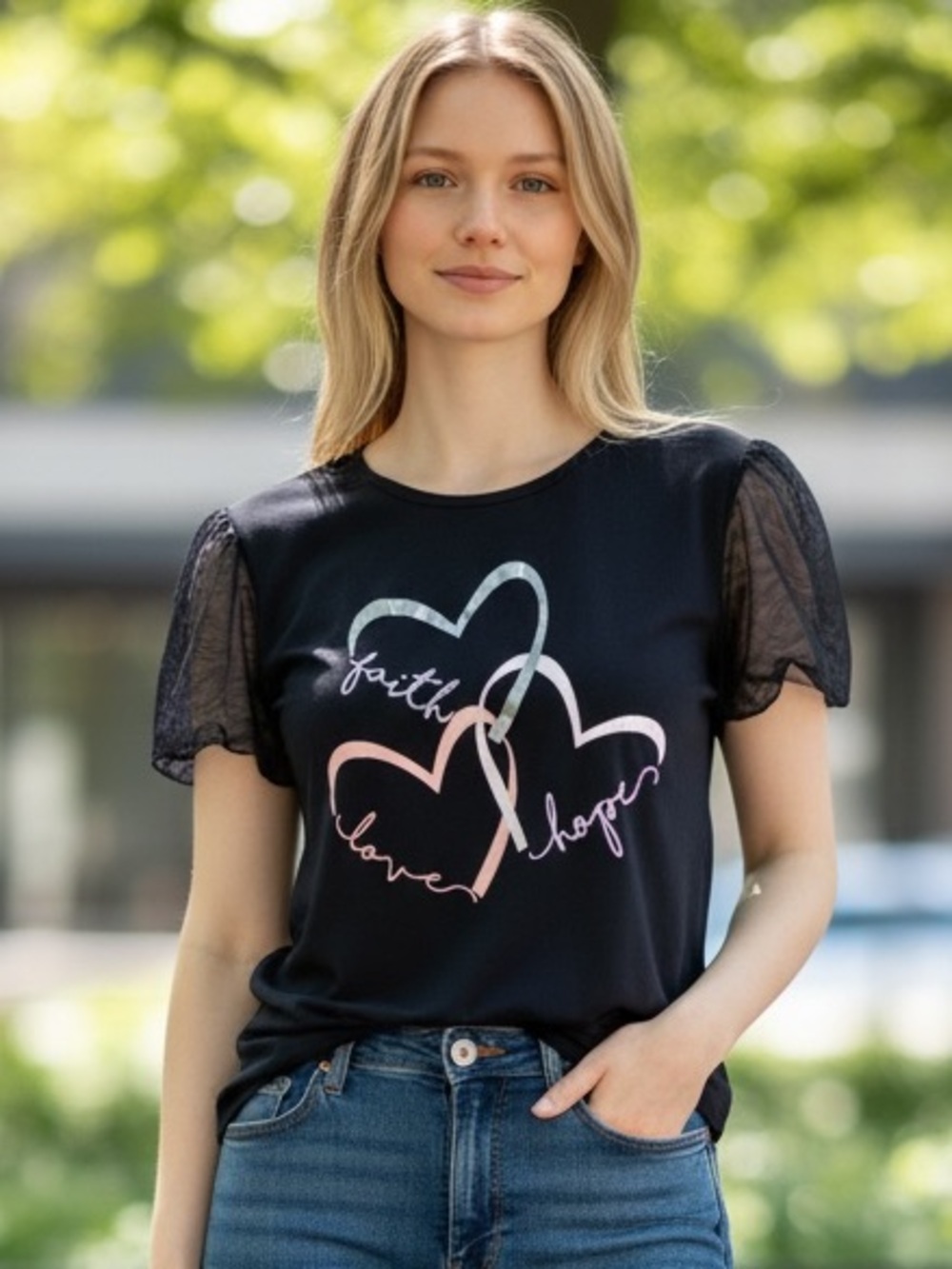 Ava James Faith Love Hope Graphic Hearts T-Shirt with Mesh Sleeves Size L